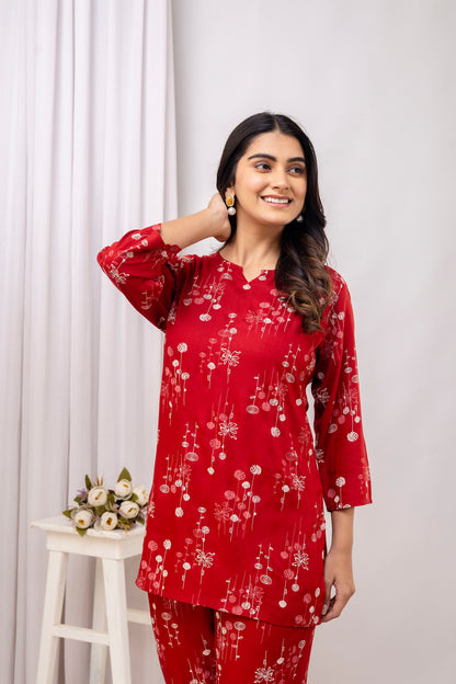 Veshviti Maroon Round Neckline Rayon Printed Co-ord Set