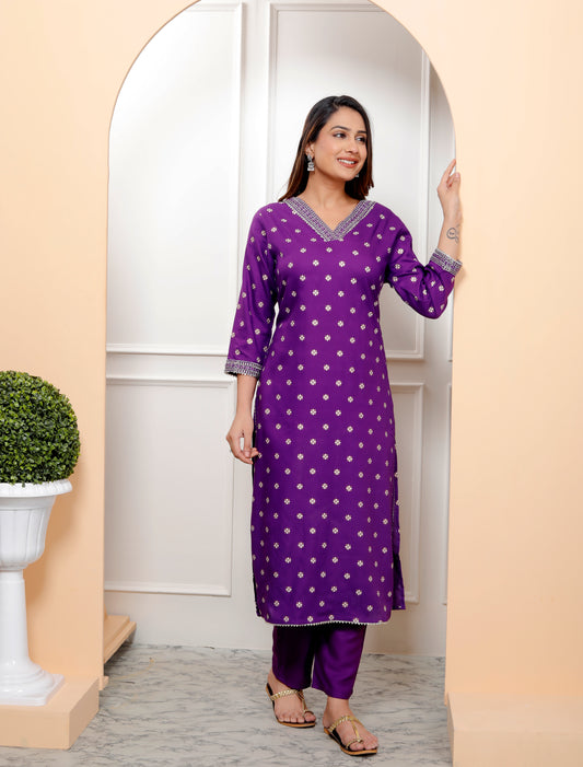 Purple Embroidered V Neck Women Straight Rayon Kurta