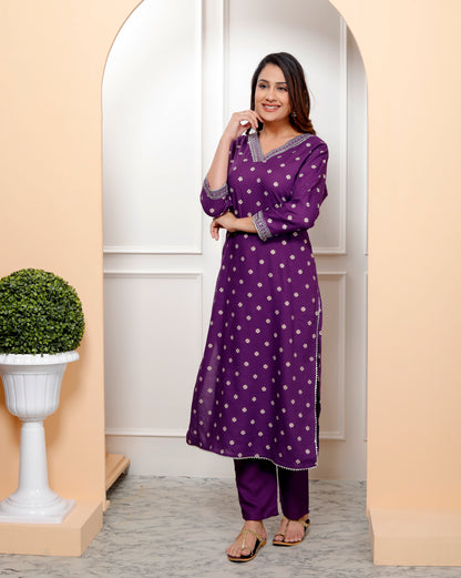 Purple Embroidered V Neck Women Straight Rayon Kurta