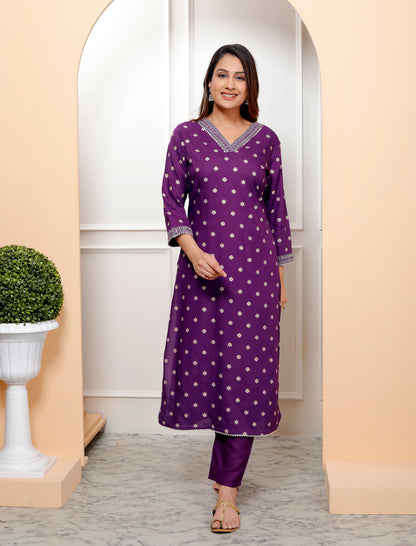 Purple Embroidered V Neck Women Straight Rayon Kurta