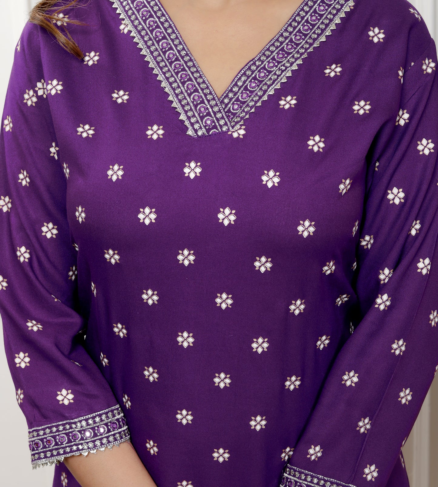 Purple Embroidered V Neck Women Straight Rayon Kurta