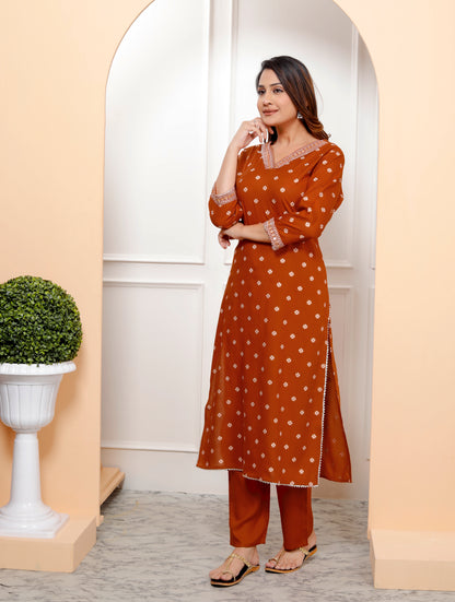 Rust Embroidered V Neck Women Straight Rayon Kurta