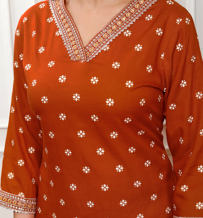 Rust Embroidered V Neck Women Straight Rayon Kurta