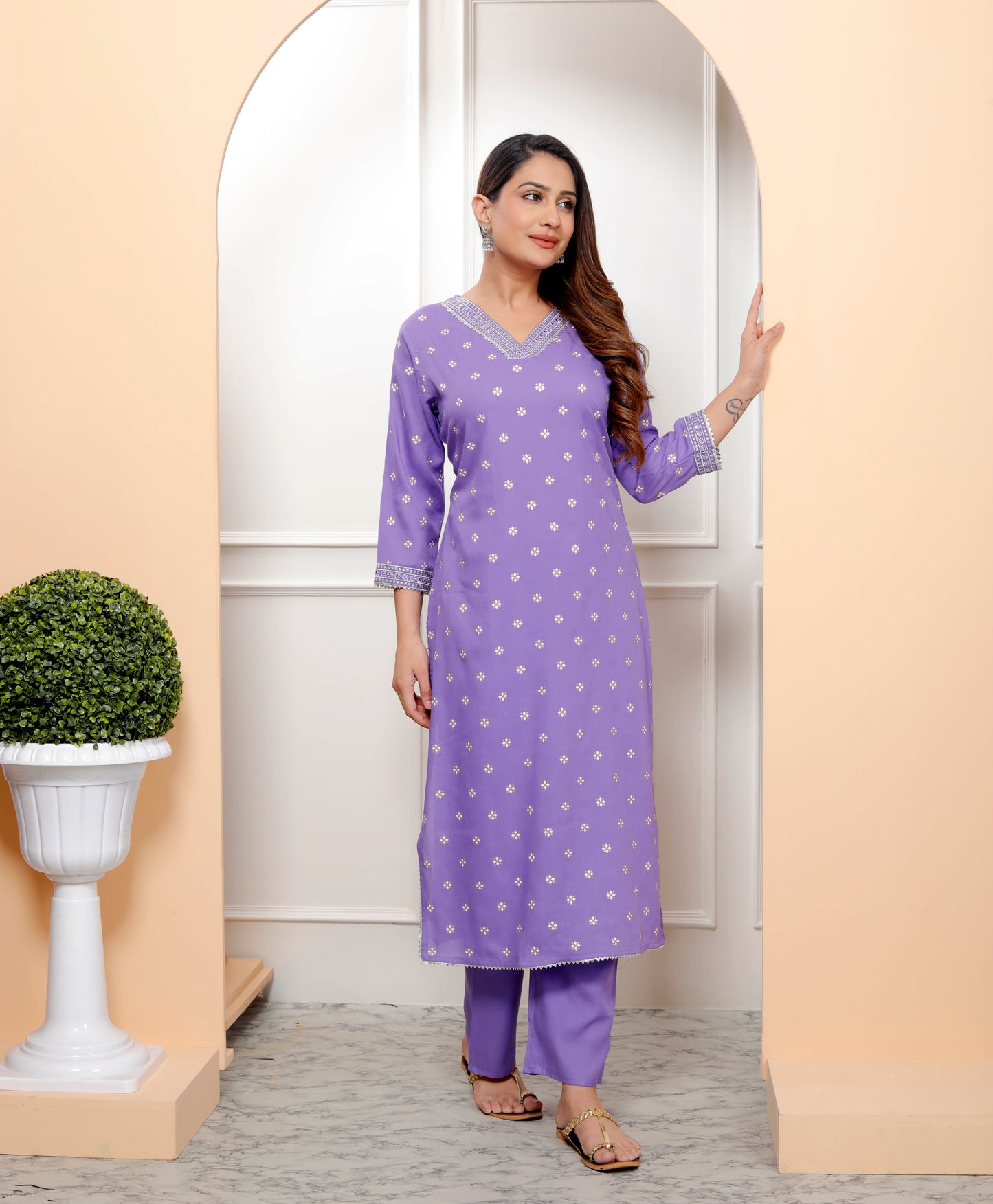 Embroidered V Neck Women Straight Rayon Kurta