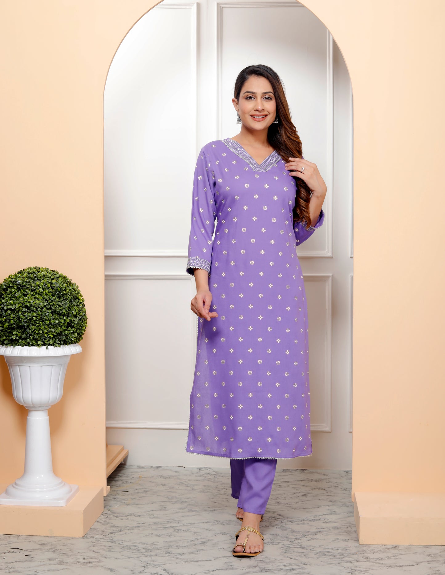 Embroidered V Neck Women Straight Rayon Kurta
