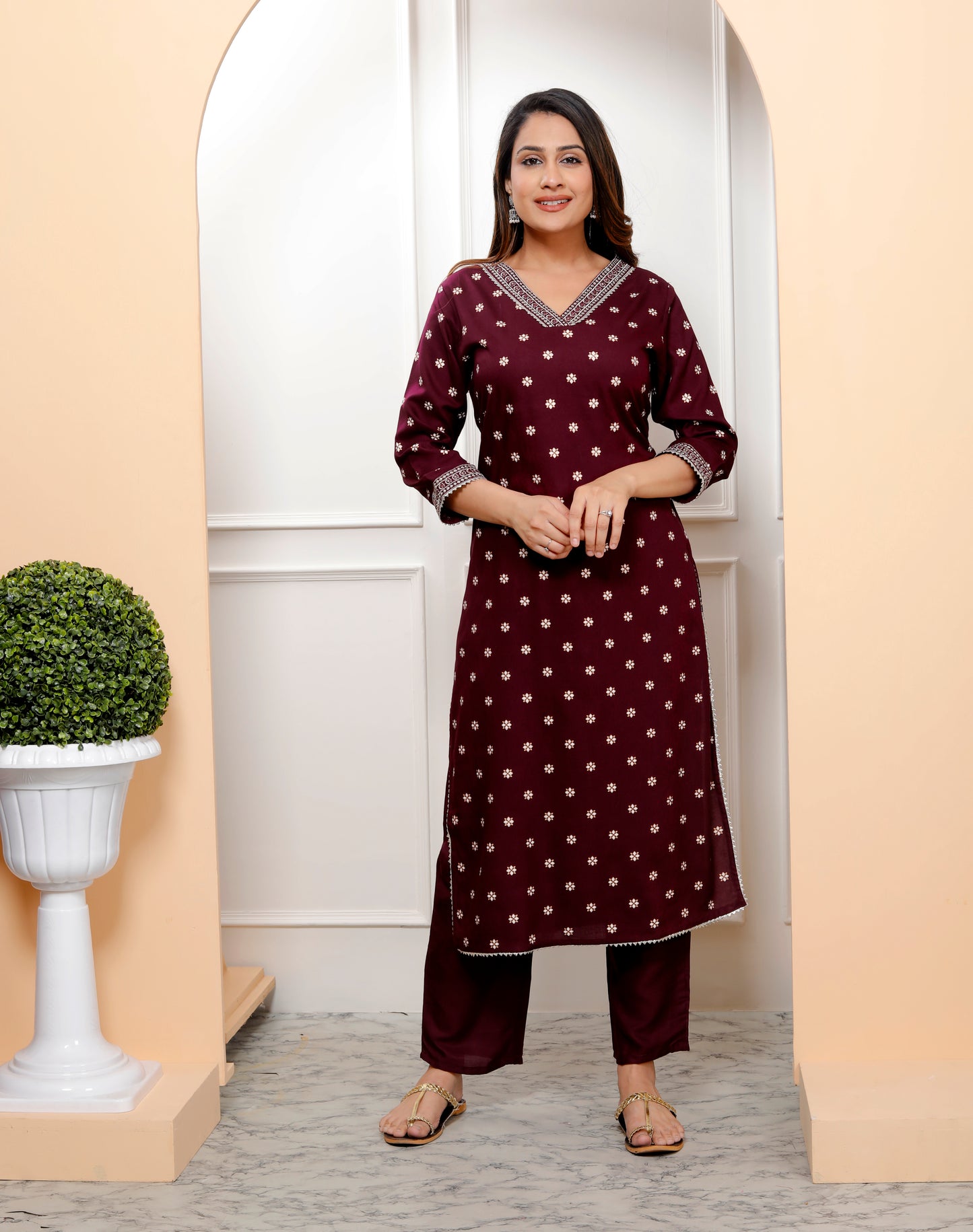 Wine Embroidered V Neck Women Straight Rayon Kurta