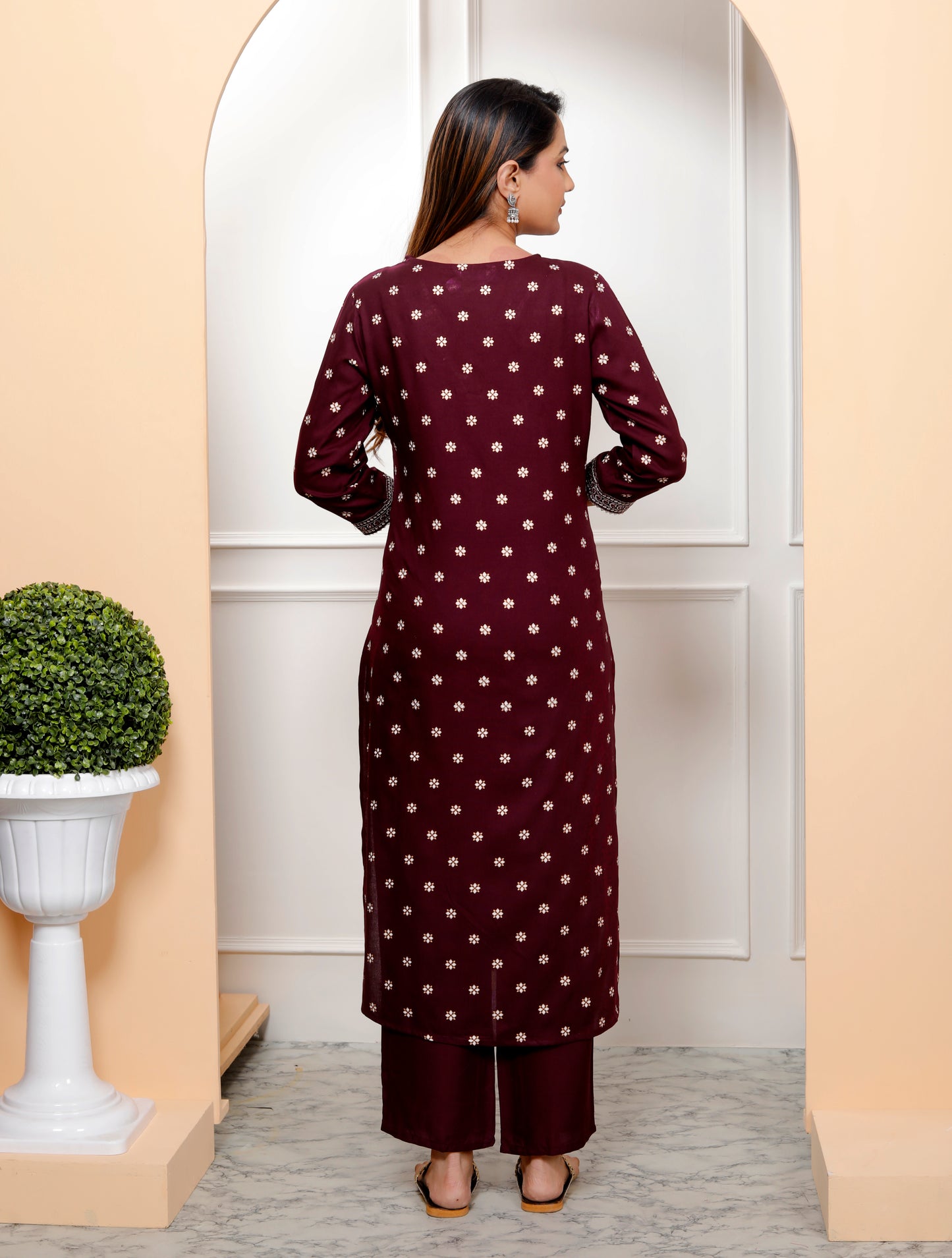Wine Embroidered V Neck Women Straight Rayon Kurta