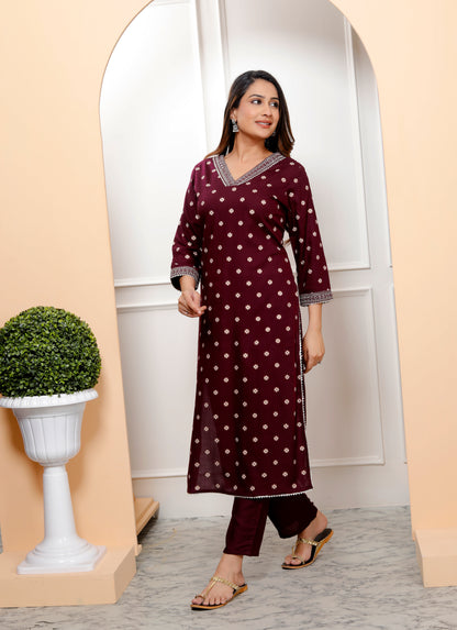 Wine Embroidered V Neck Women Straight Rayon Kurta
