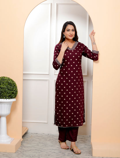 Wine Embroidered V Neck Women Straight Rayon Kurta