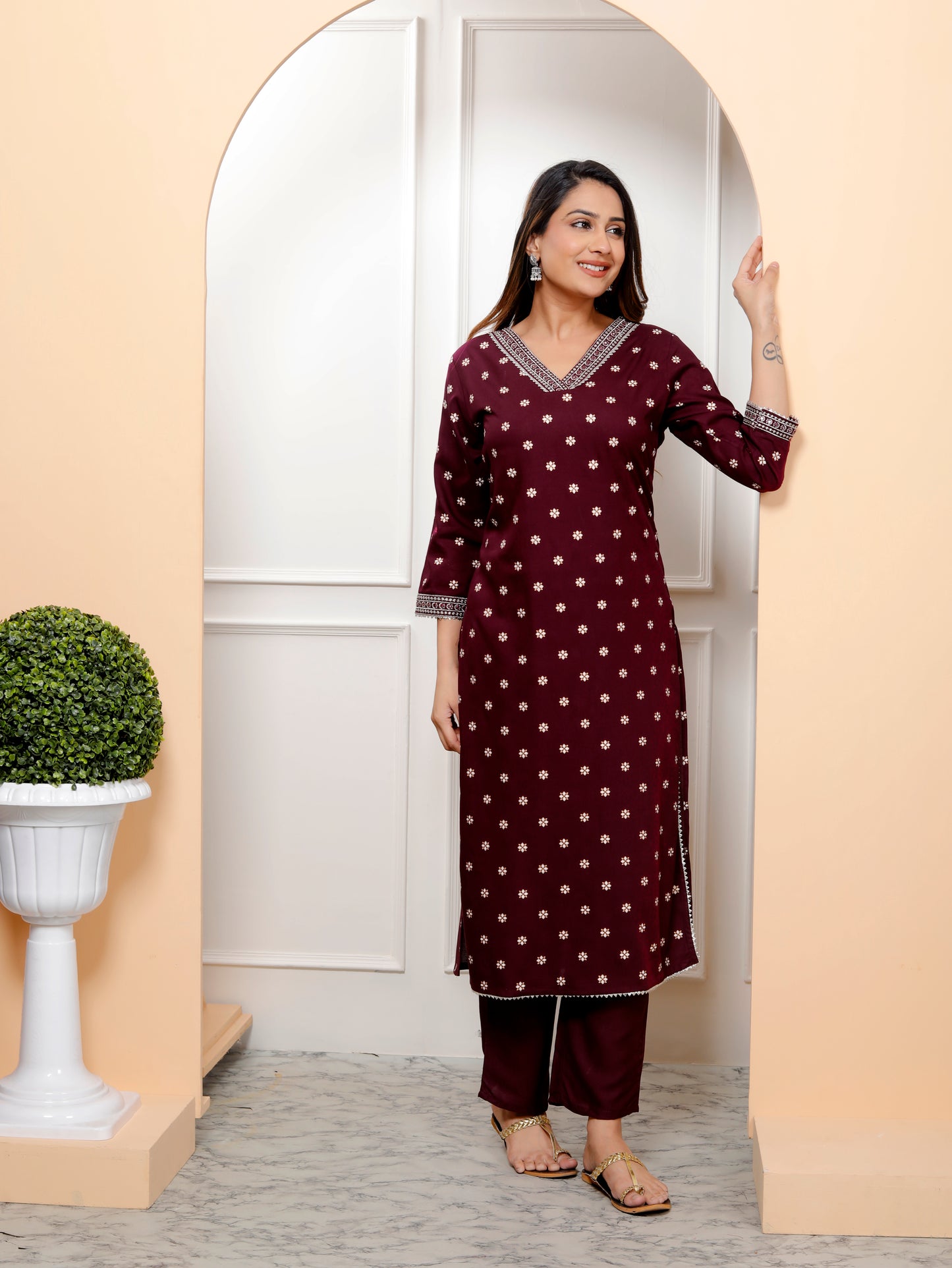 Wine Embroidered V Neck Women Straight Rayon Kurta