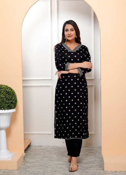 Black Embroidered V Neck Women Straight Rayon Kurta