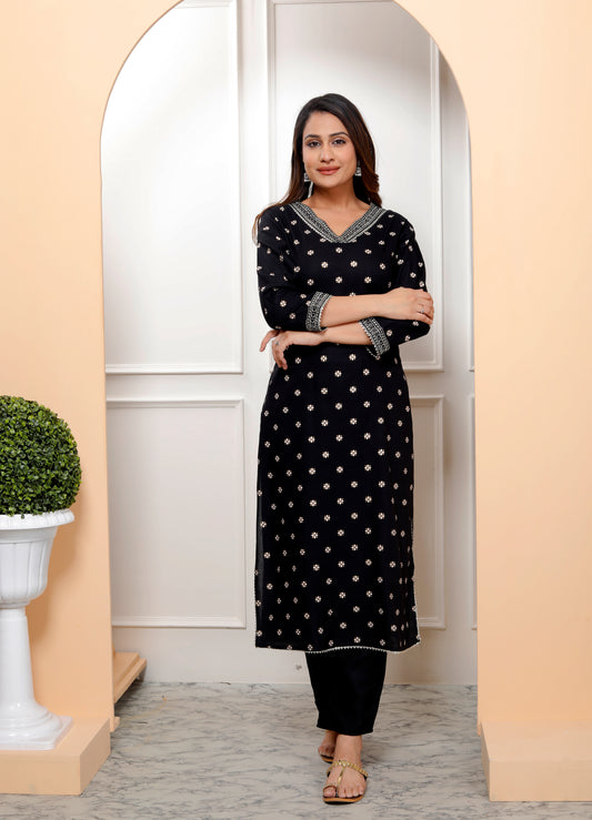 Black Embroidered V Neck Women Straight Rayon Kurta