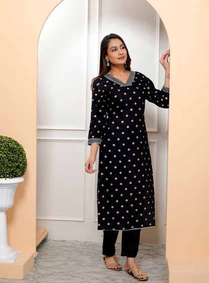 Black Embroidered V Neck Women Straight Rayon Kurta