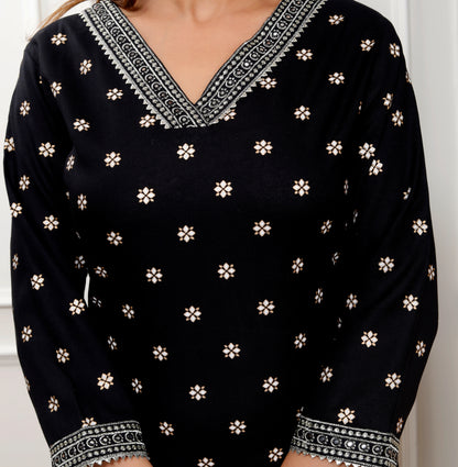 Black Embroidered V Neck Women Straight Rayon Kurta