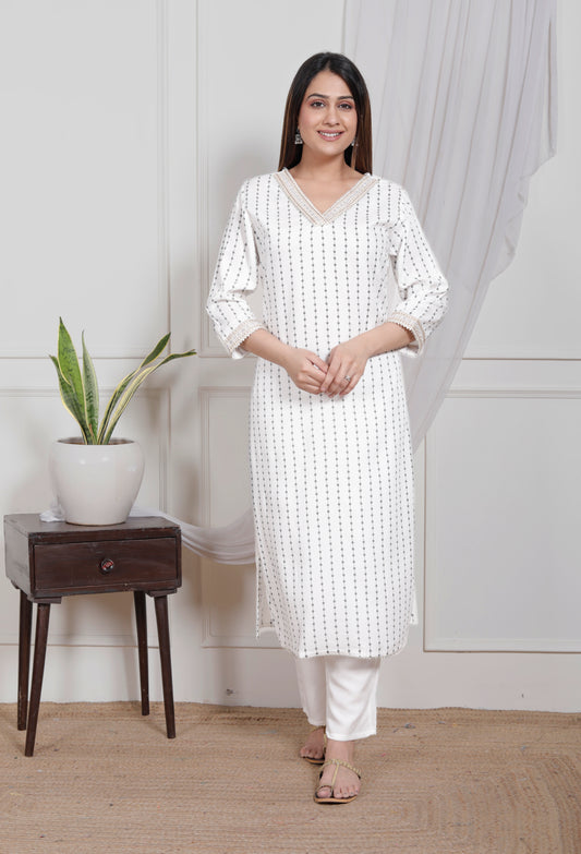 White Embroidered V Neck Women Straight Rayon Kurta