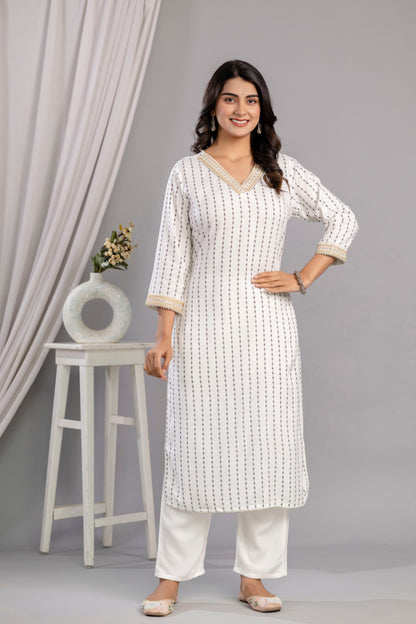 White Embroidered V Neck Women Straight Rayon Kurta Set