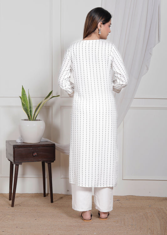 White Embroidered V Neck Women Straight Rayon Kurta