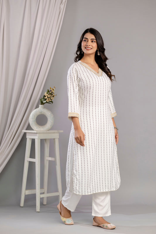 White Embroidered V Neck Women Straight Rayon Kurta Set