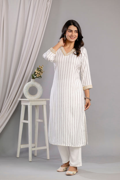White Embroidered V Neck Women Straight Rayon Kurta Set