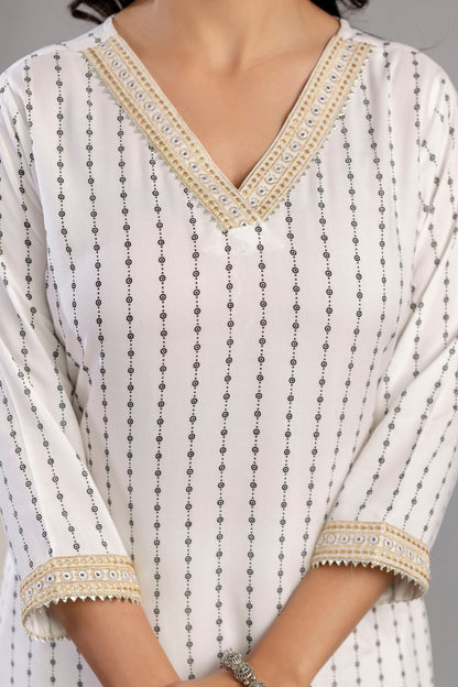 White Embroidered V Neck Women Straight Rayon Kurta Set