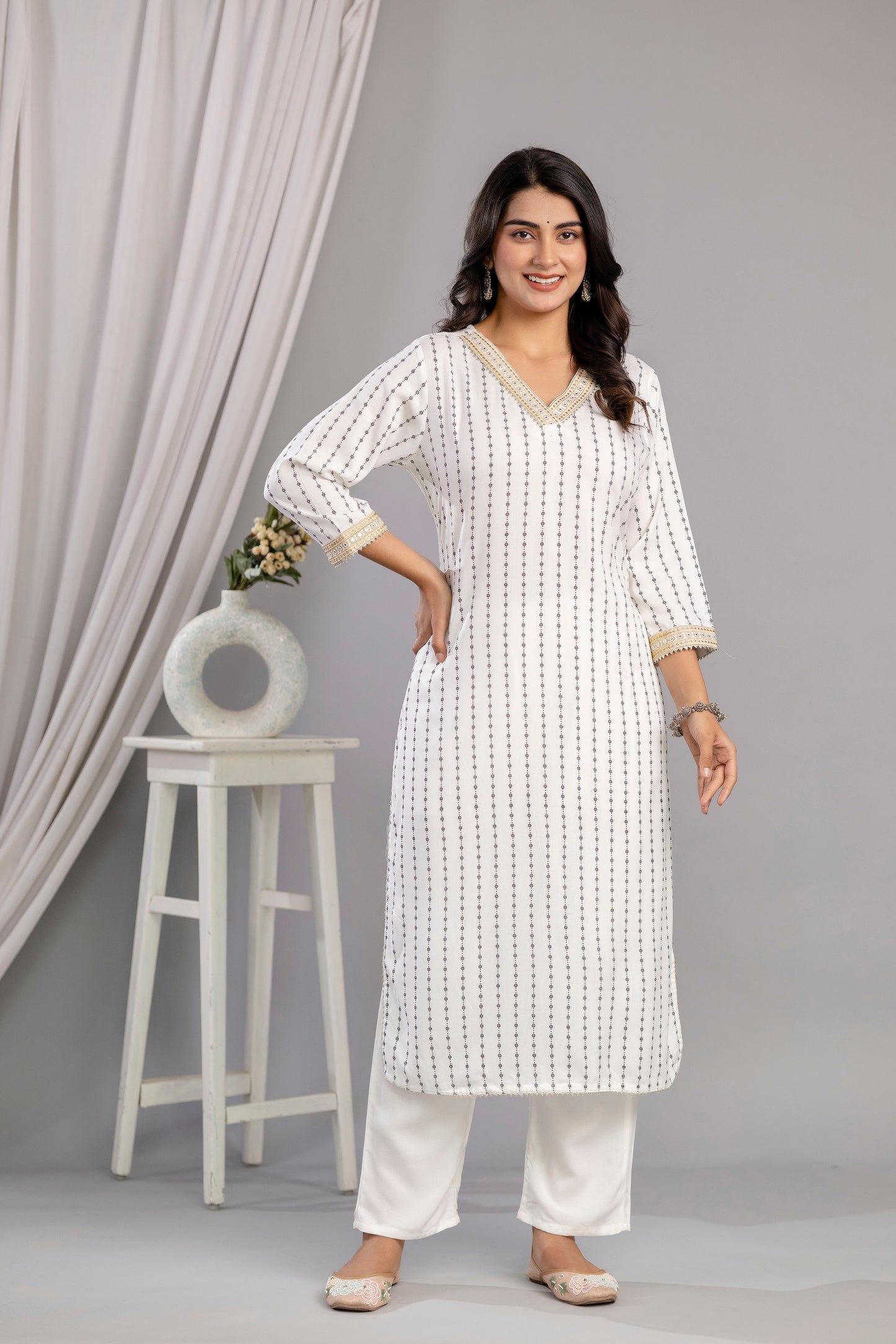 White Embroidered V Neck Women Straight Rayon Kurta Set