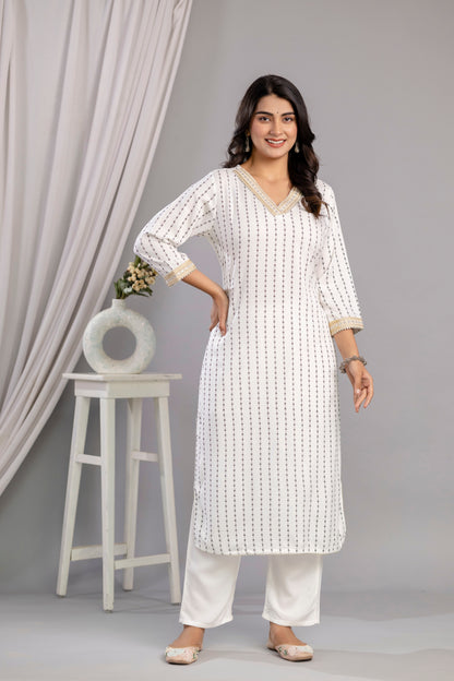 White Embroidered V Neck Women Straight Rayon Kurta Set