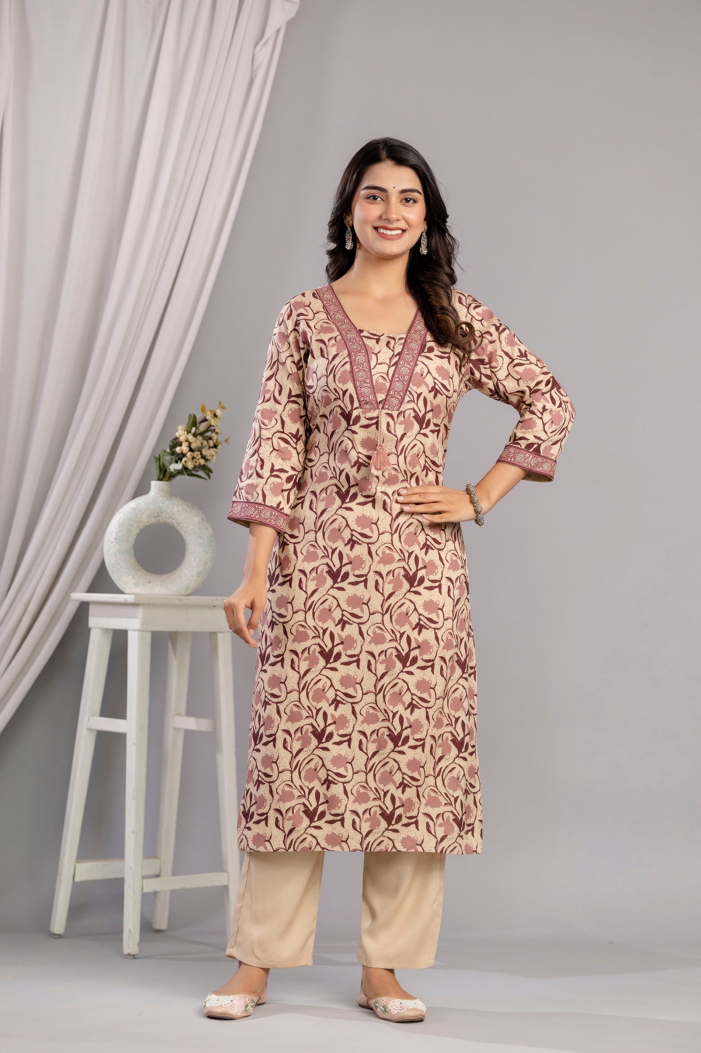 Wine Dabu Printed Rayon Printed Straight Women Kurta Set