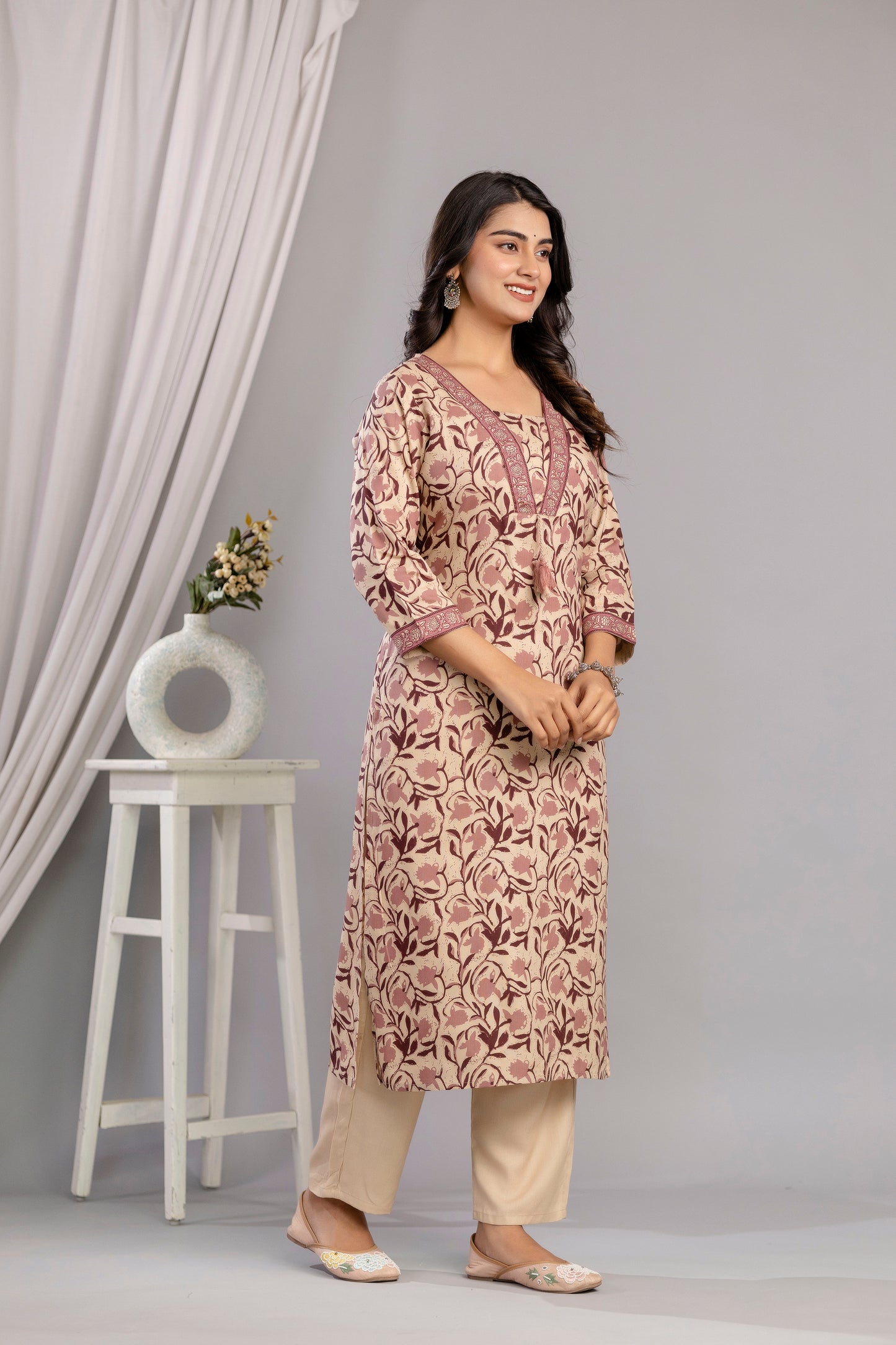 Wine Dabu Printed Rayon Printed Straight Women Kurta Set