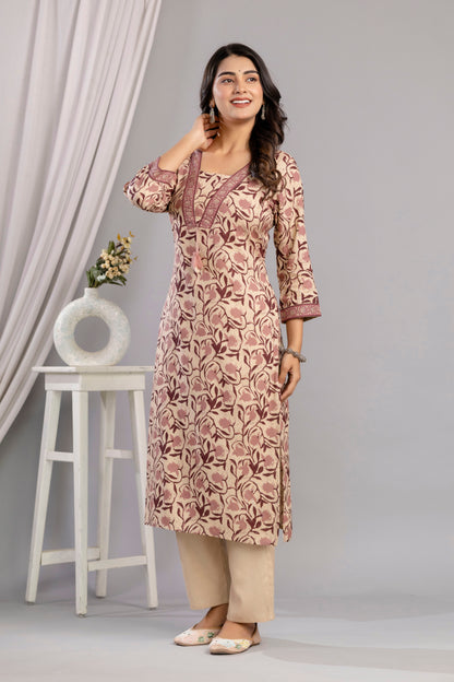 Wine Dabu Printed Rayon Printed Straight Women Kurta Set