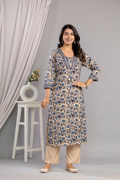 Teal Dabu Printed Rayon Printed Straight Women Kurta Set