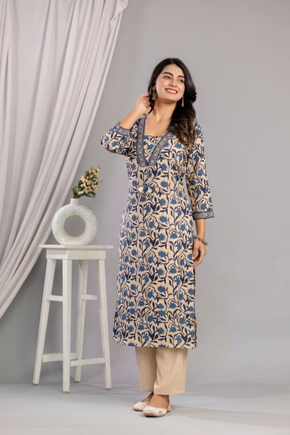 Teal Dabu Printed Rayon Printed Straight Women Kurta Set