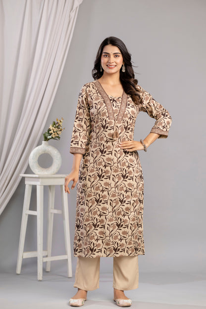 Brown Dabu Printed Rayon Printed Straight Women Kurta Set