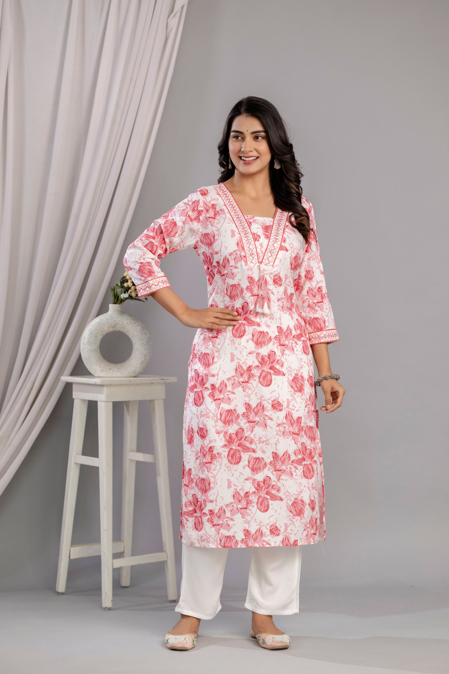 Peach Floral Printed Embroidered V Neck Rayon Straight Kurta Set