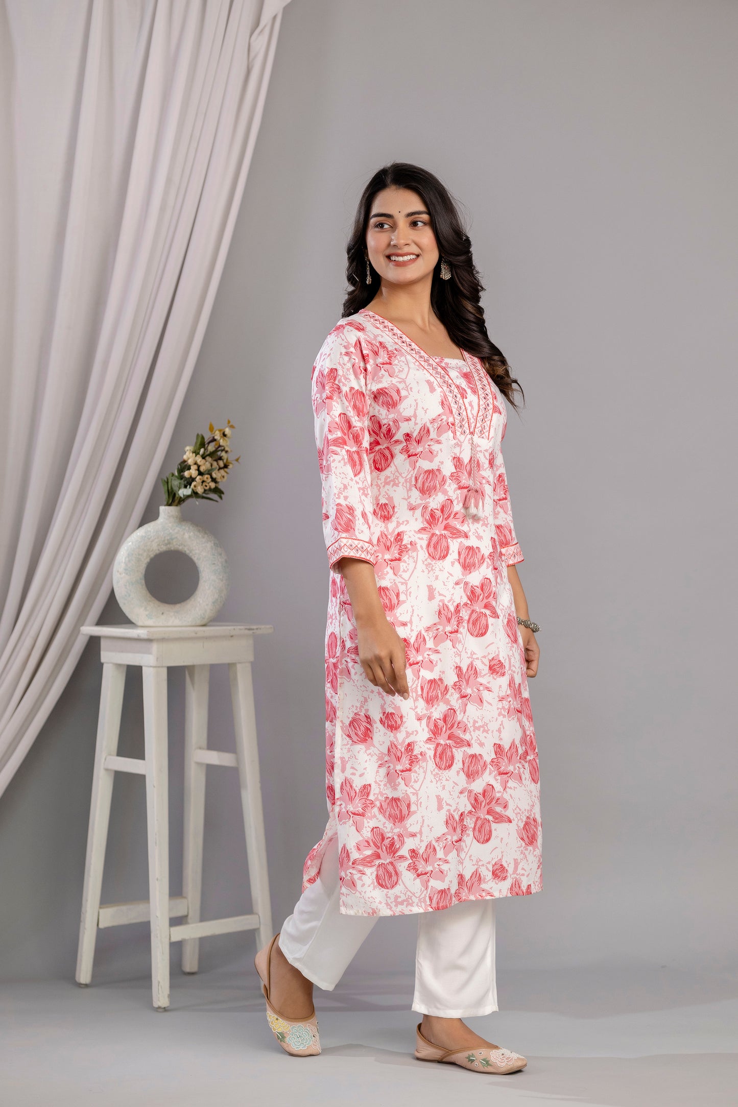 Peach Floral Printed Embroidered V Neck Rayon Straight Kurta Set