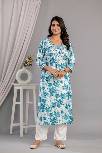 Rama Floral Printed Embroidered V Neck Rayon Straight Kurta Set