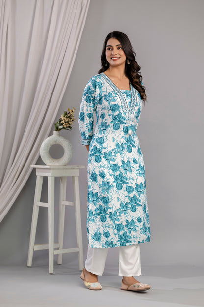 Rama Floral Printed Embroidered V Neck Rayon Straight Kurta Set