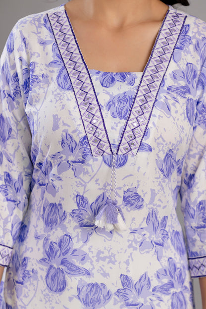 Purple Floral Printed Embroidered V Neck Rayon Straight Kurta Set
