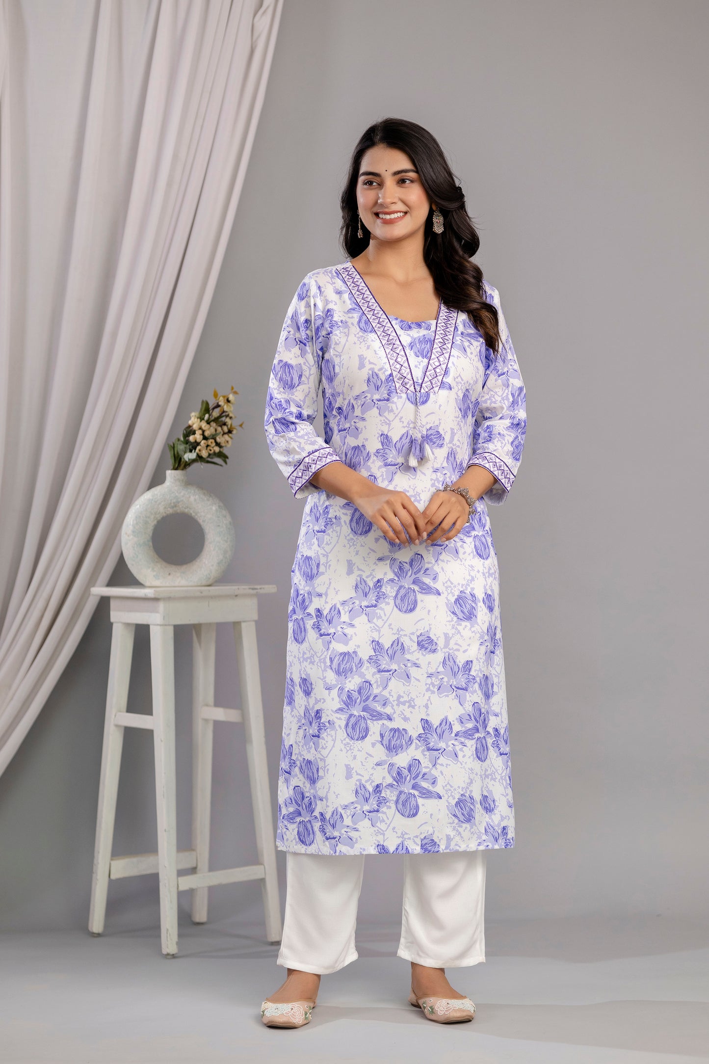 Purple Floral Printed Embroidered V Neck Rayon Straight Kurta Set