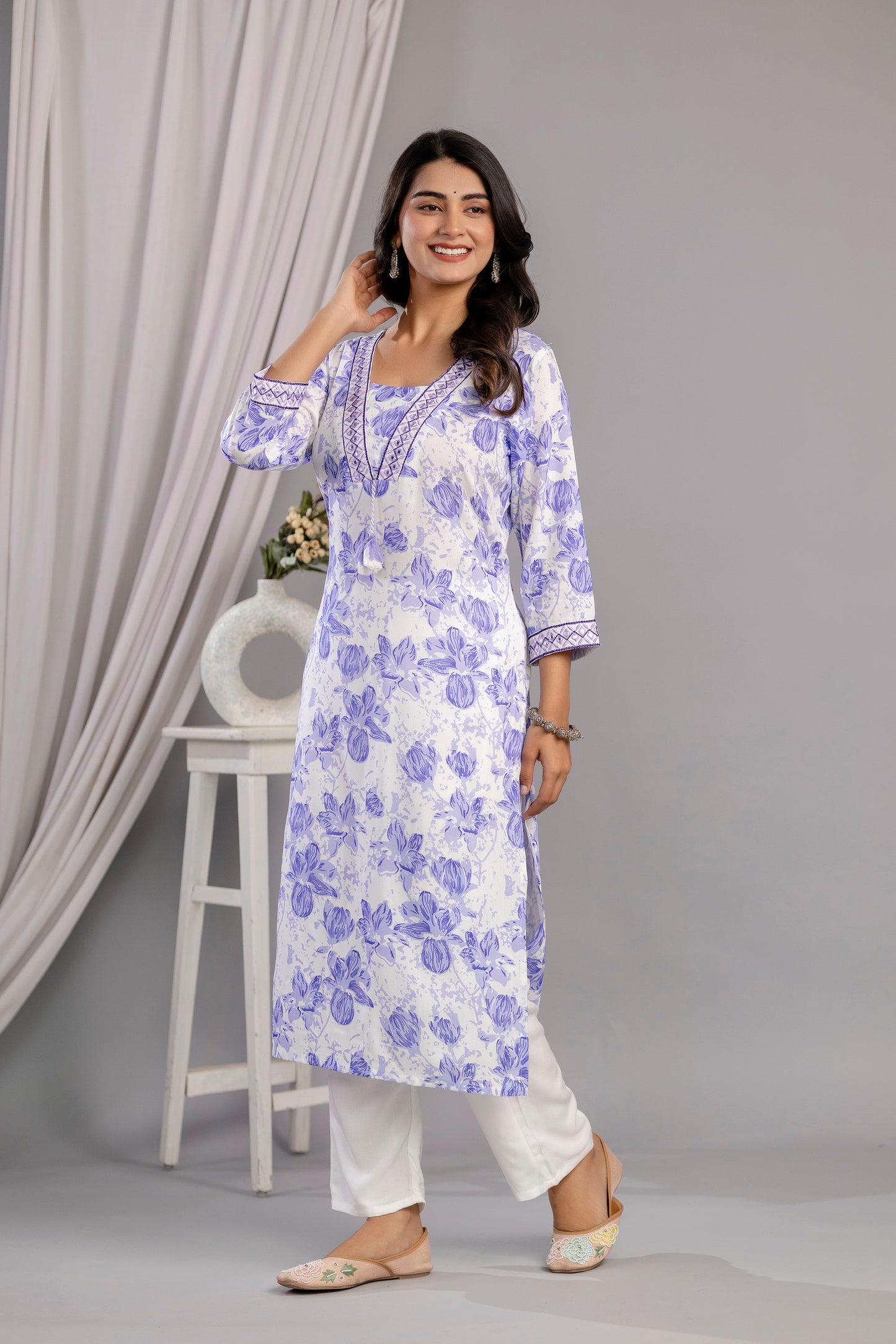 Purple Floral Printed Embroidered V Neck Rayon Straight Kurta Set