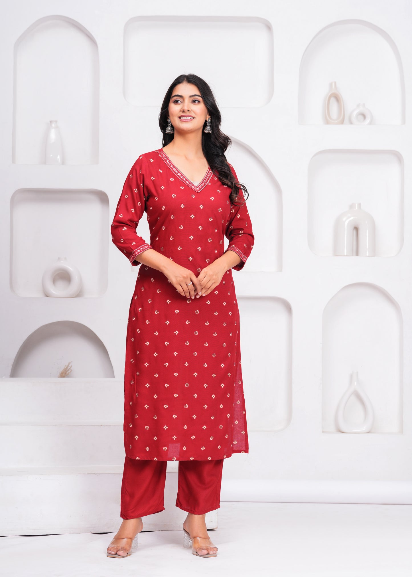Maroon Embroidered V Neck Straight Rayon Kurta