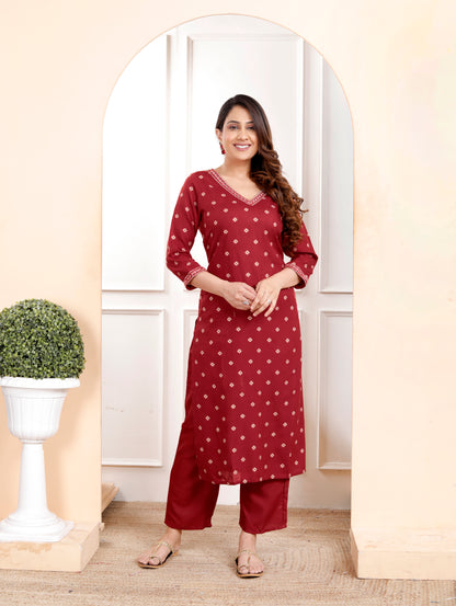 Maroon Embroidered V Neck Straight Rayon Kurta