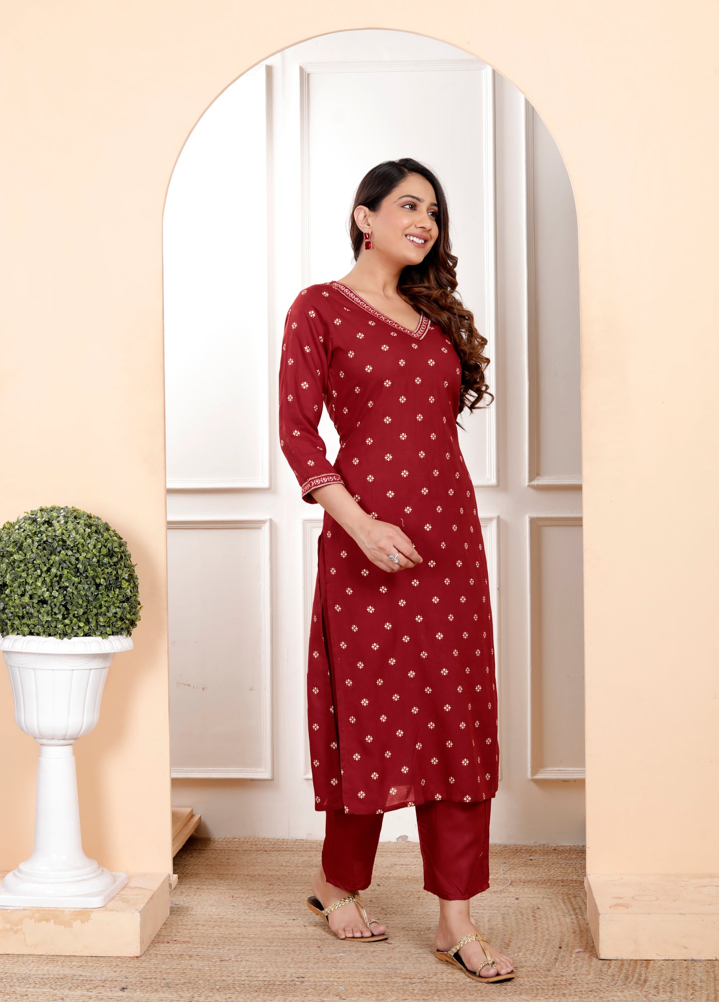 Maroon Embroidered V Neck Straight Rayon Kurta