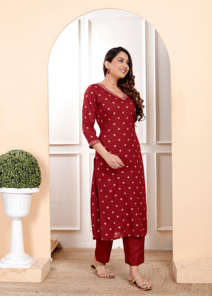 Maroon Embroidered V Neck Straight Rayon Kurta