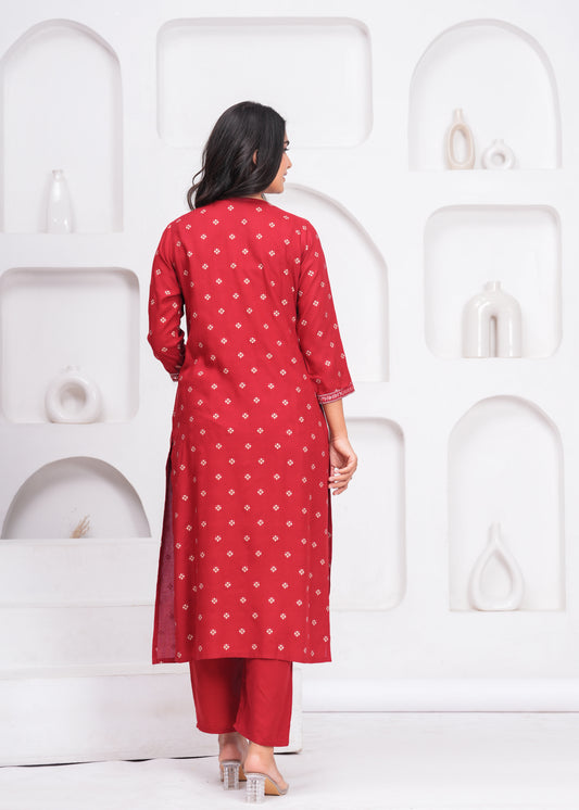 Maroon Embroidered V Neck Straight Rayon Kurta Set