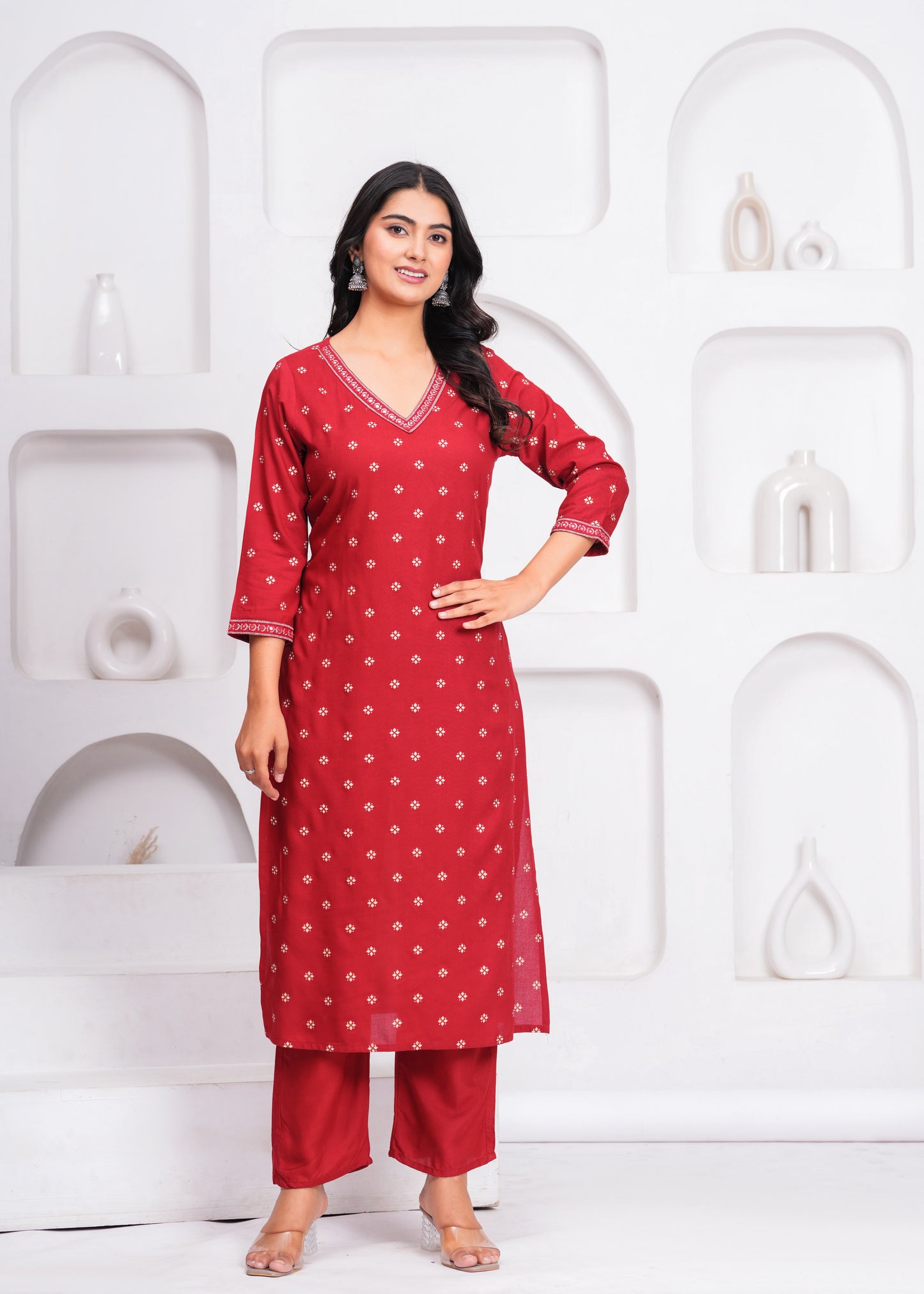 Maroon Embroidered V Neck Straight Rayon Kurta Set