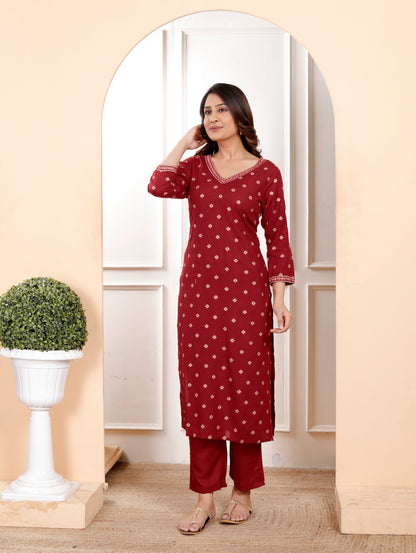 Maroon Embroidered V Neck Straight Rayon Kurta