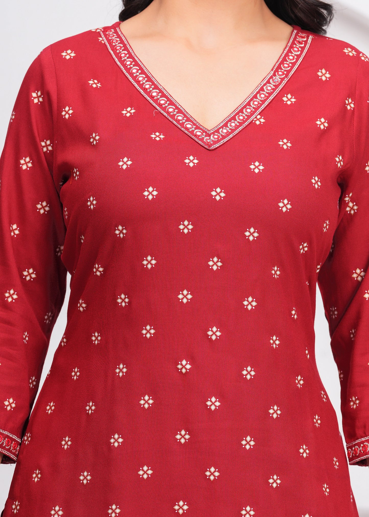 Maroon Embroidered V Neck Straight Rayon Kurta