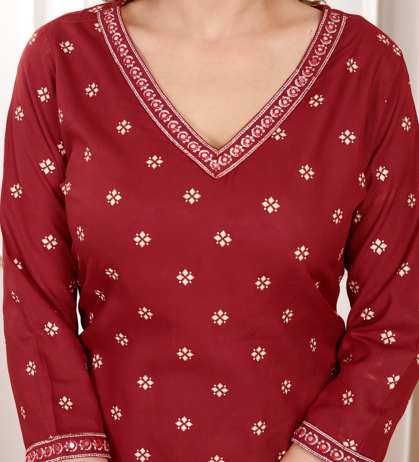 Maroon Embroidered V Neck Straight Rayon Kurta
