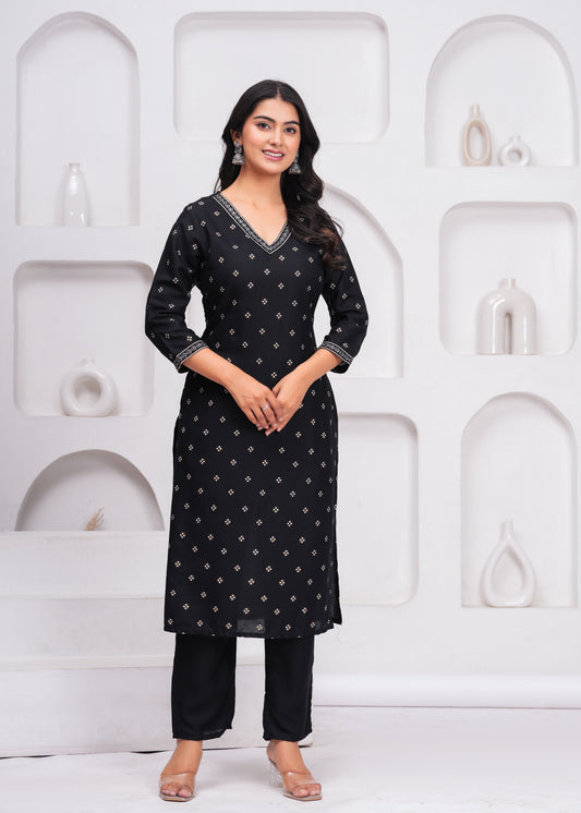 Black Embroidered V Neck Straight Rayon Kurta Set