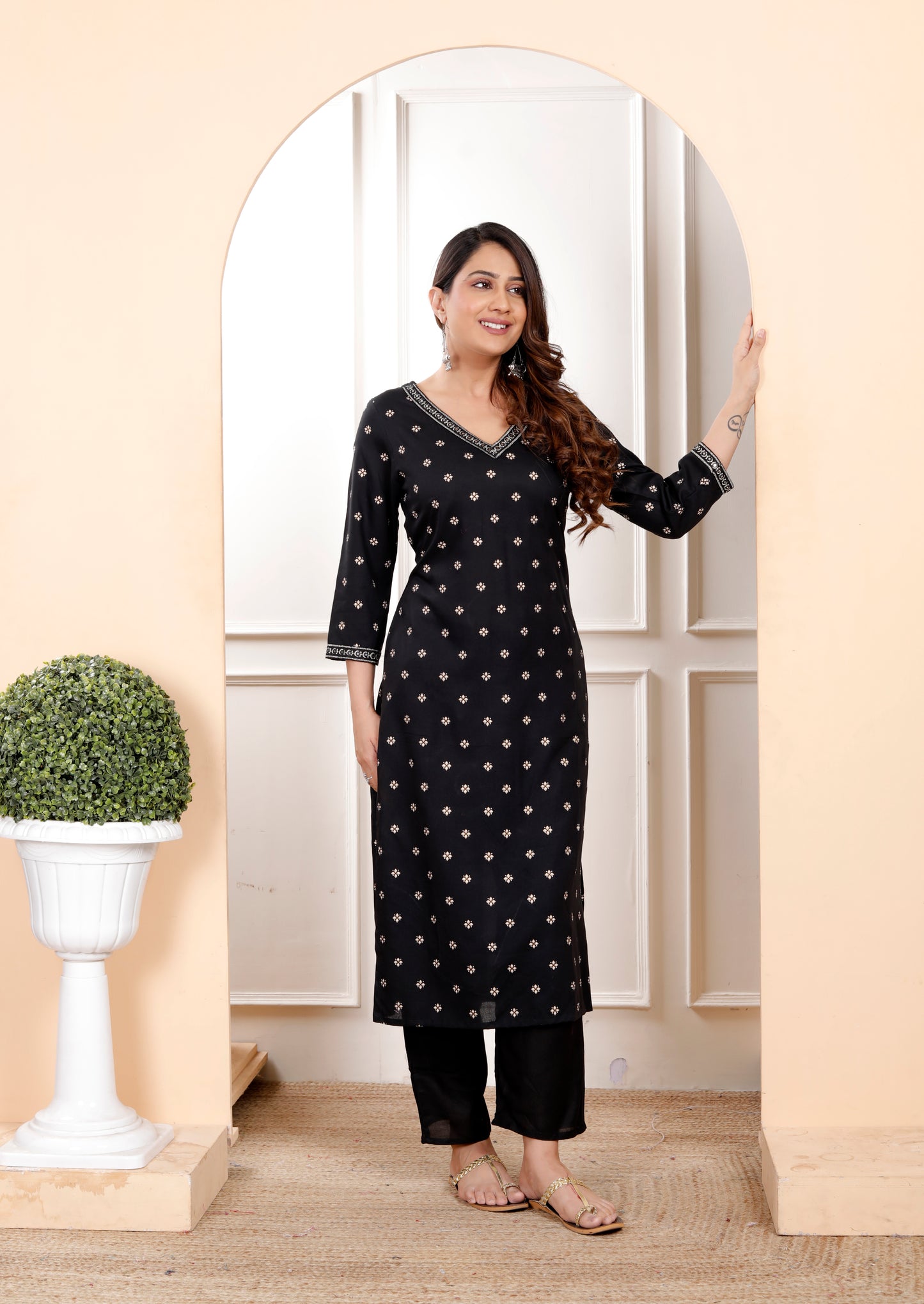 Black Embroidered V Neck Straight Rayon Kurta